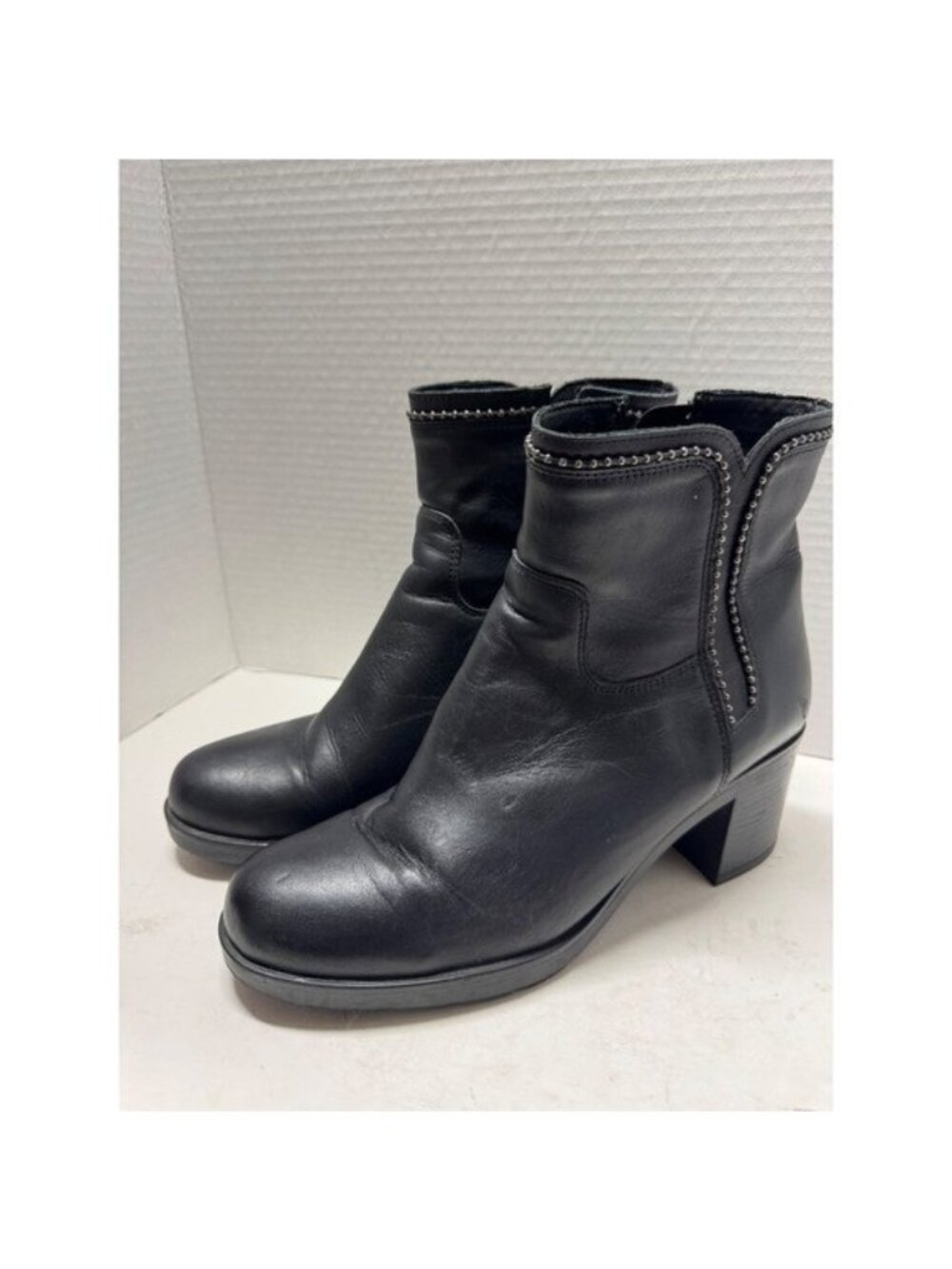 Rizoli Black Leather Studded Ankle Boots Block Heel Side Zip Size 41 9.5
